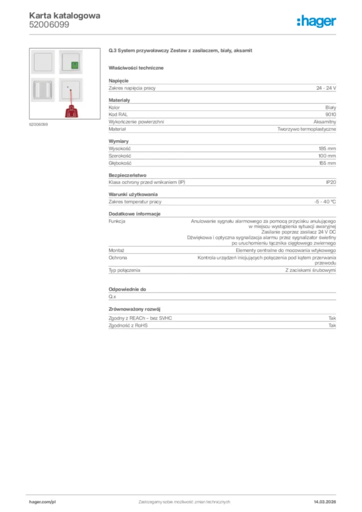 Zdjęcie Hager Karta katalogowa 52006099 | Hager Polska
