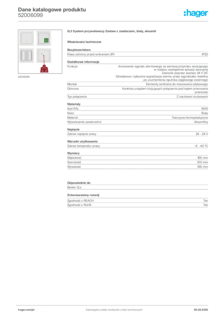 Zdjęcie Hager Karta katalogowa 52006099 | Hager Polska