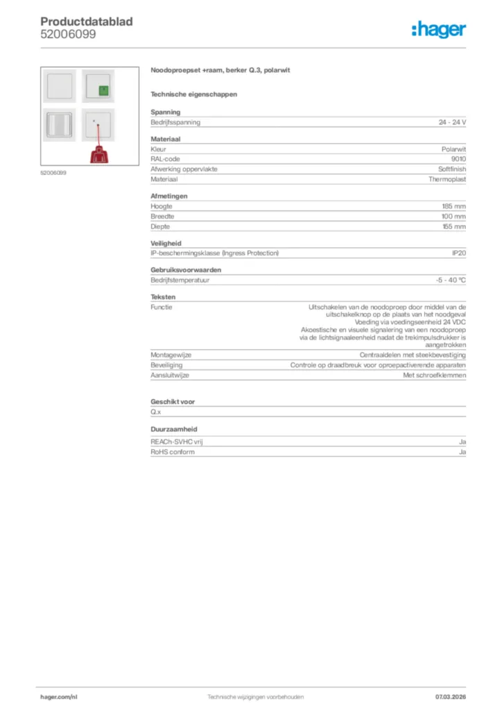 Afbeelding Hager Productdatablad 52006099 | Hager Nederland