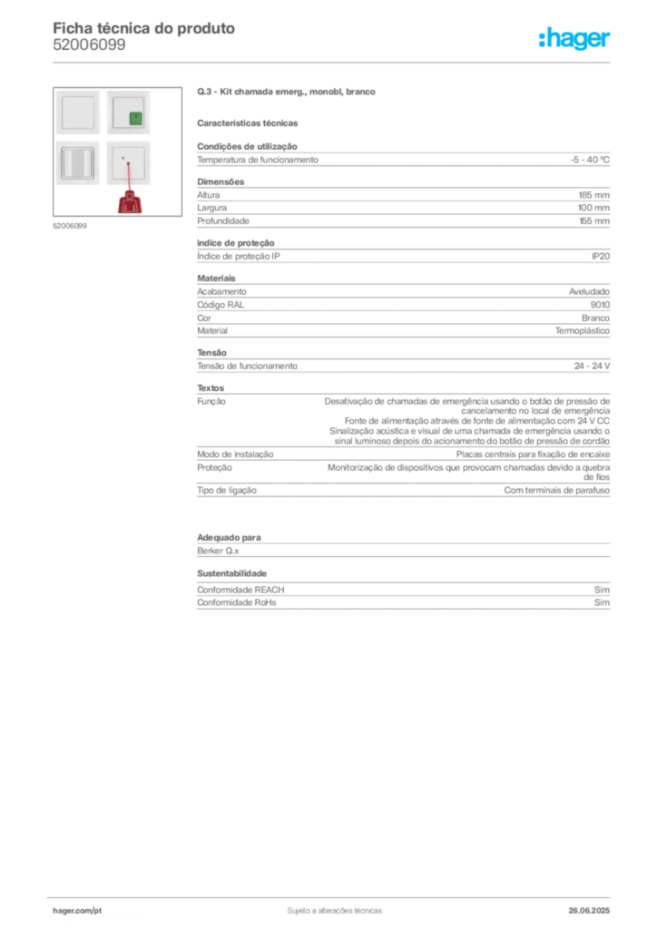 Imagem Hager Ficha técnica do produto 52006099 | Hager Portugal