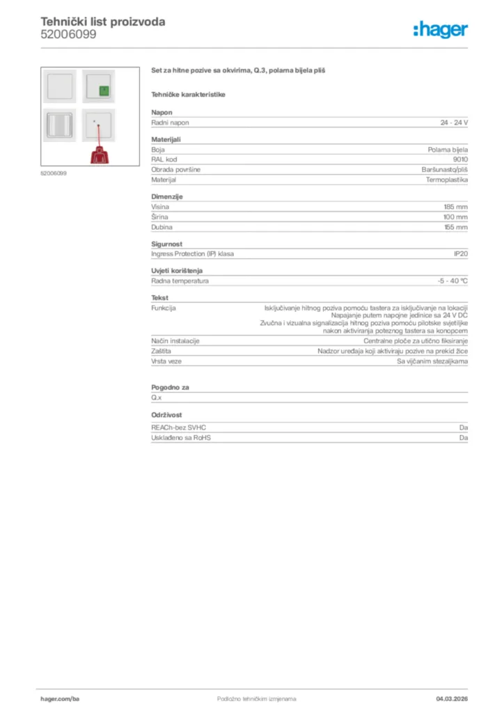 Slika Hager Tehnički list proizvoda 52006099  | Hager