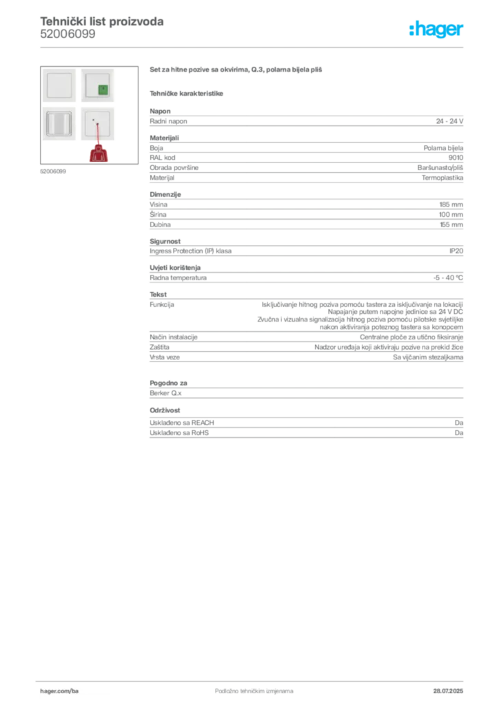 Slika Hager Product data sheet 52006099  | Hager