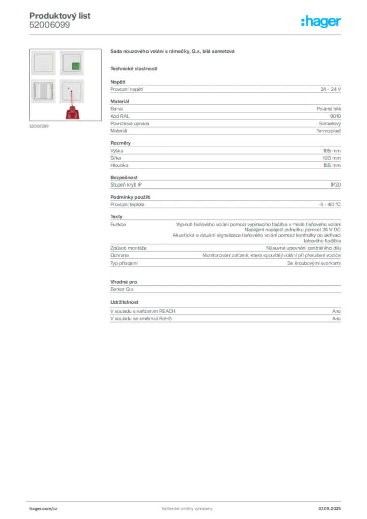 Obrázek Hager Produktový list 52006099 | Hager