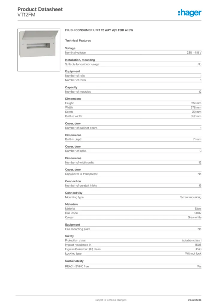 Image Hager Product data sheet VT12FM  | Hager Africa