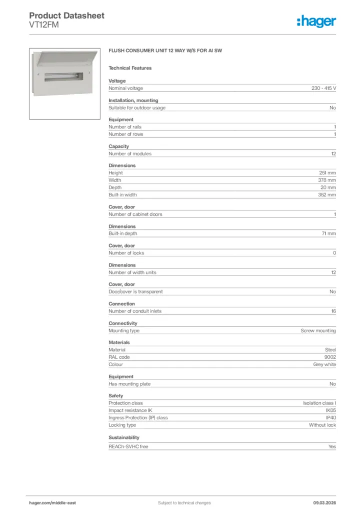 Image Hager Product data sheet VT12FM  | Hager