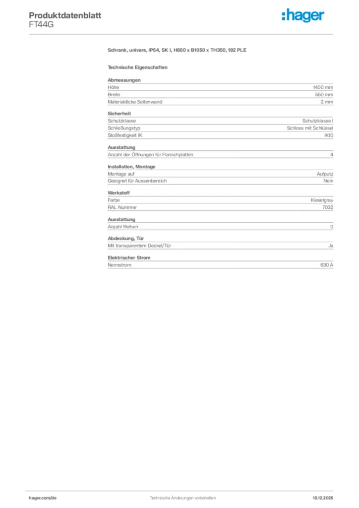 Bild Hager Produktdatenblatt FT44G | Hager Deutschland