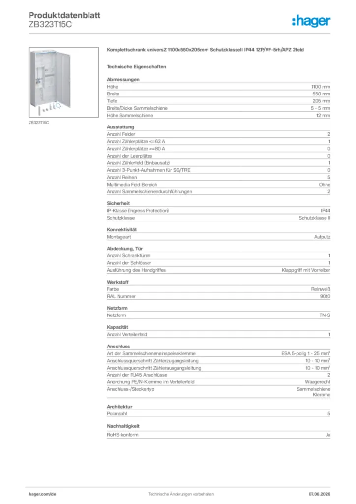 Bild Hager Produktdatenblatt ZB323T15C | Hager Deutschland