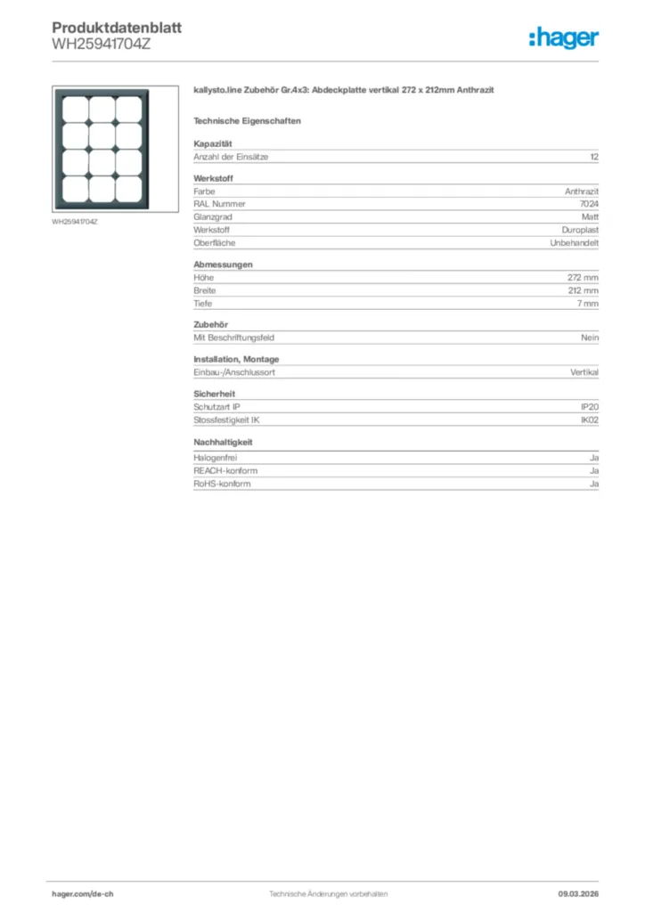 Bild Hager Produktdatenblatt WH25941704Z | Hager Schweiz