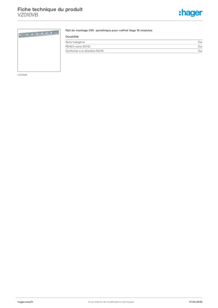 Image Hager Fiche technique du produit VZ010VB | Hager France