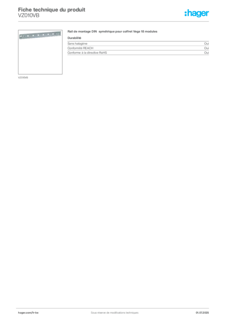 Image Hager Fiche technique du produit VZ010VB | Hager Belgique