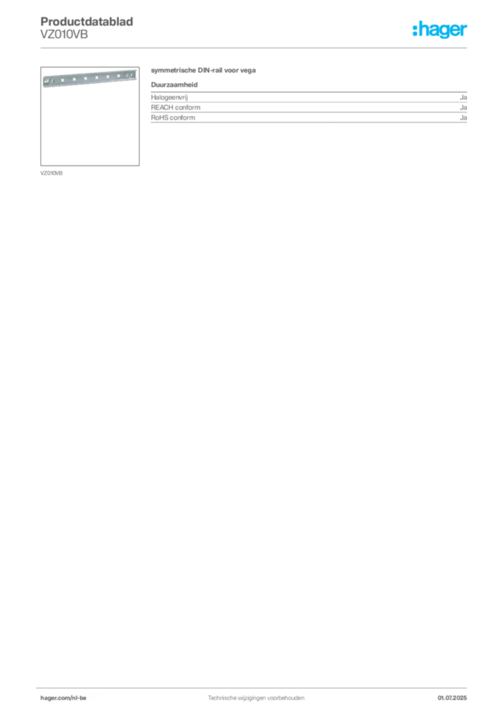 Afbeelding Hager Productdatablad VZ010VB | Hager Belgium