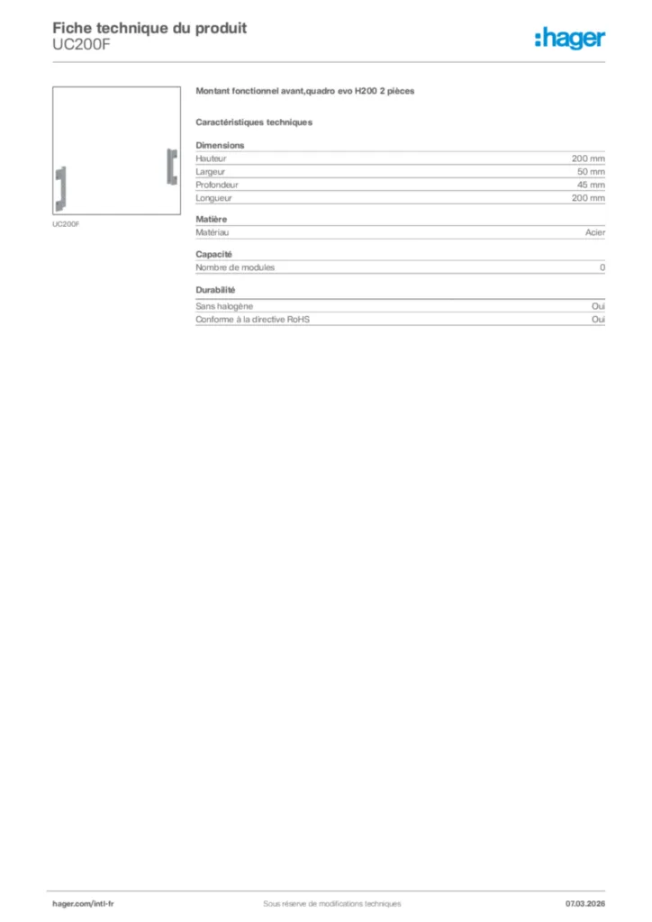 Image Hager Fiche technique du produit UC200F | Hager Afrique