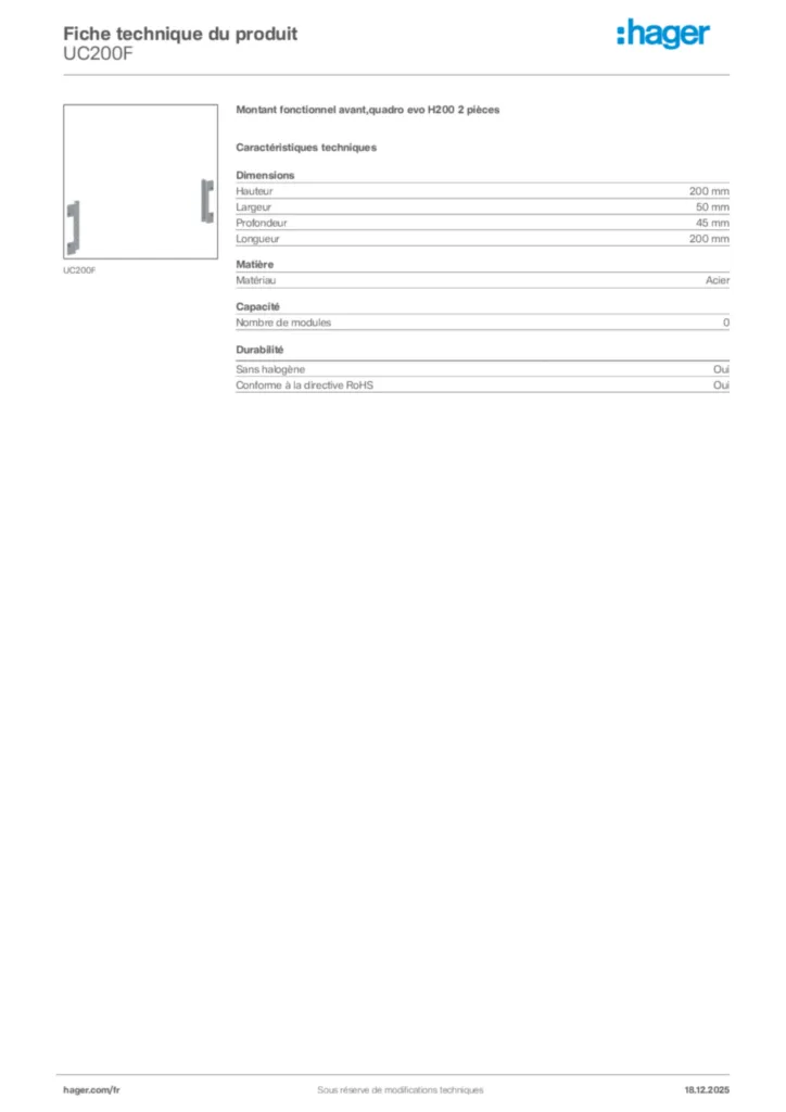 Image Hager Fiche technique du produit UC200F | Hager France