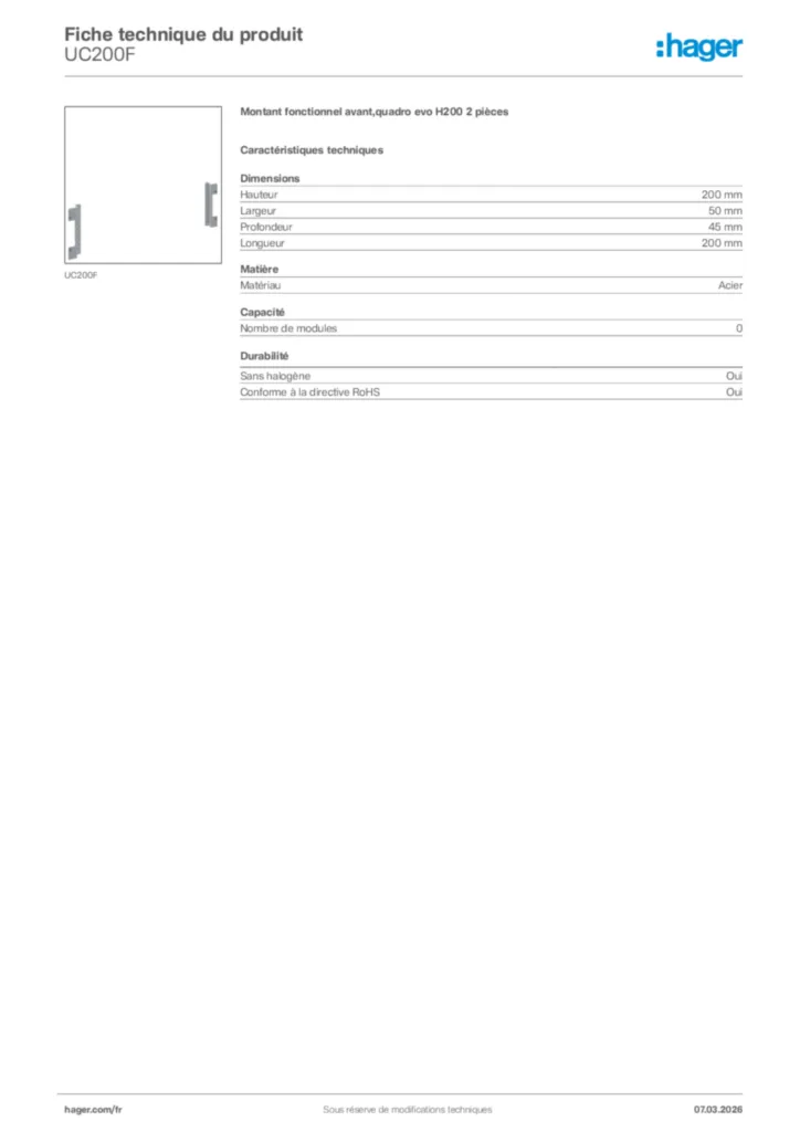 Image Hager Fiche technique du produit UC200F | Hager France