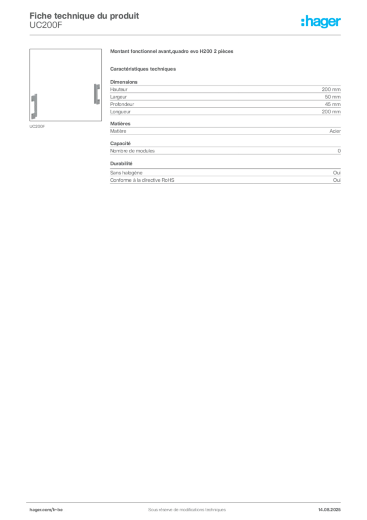Image Hager Fiche technique du produit UC200F | Hager Belgique