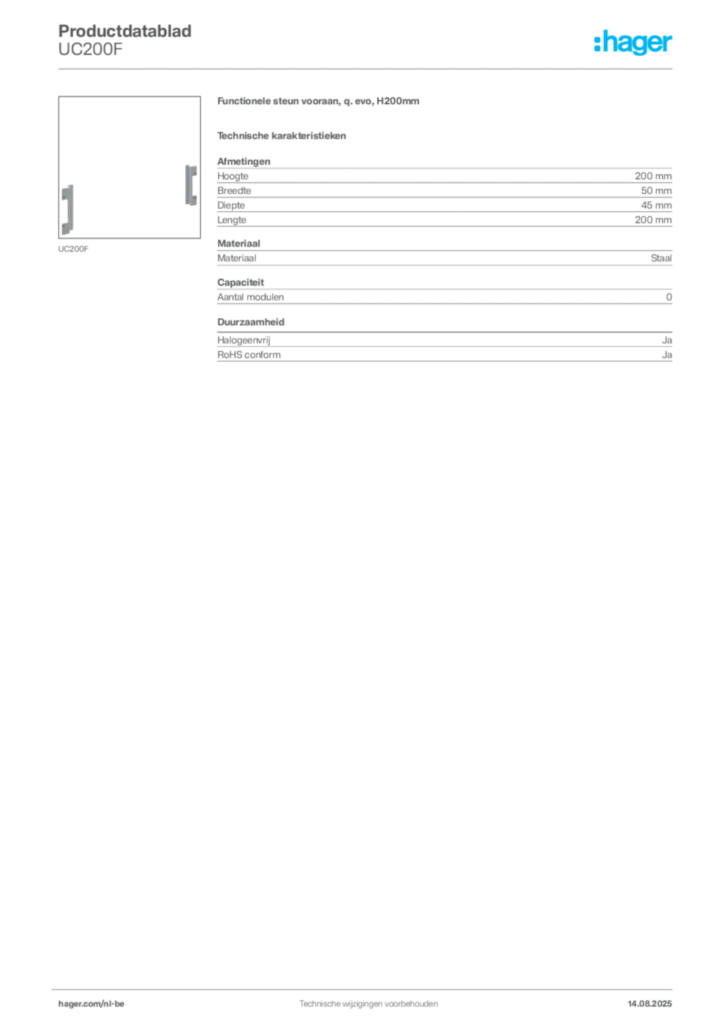Afbeelding Hager Productdatablad UC200F | Hager Belgium