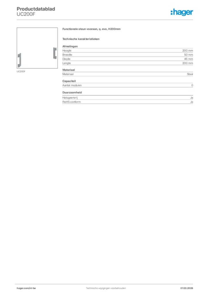 Afbeelding Hager Productdatablad UC200F | Hager Belgium
