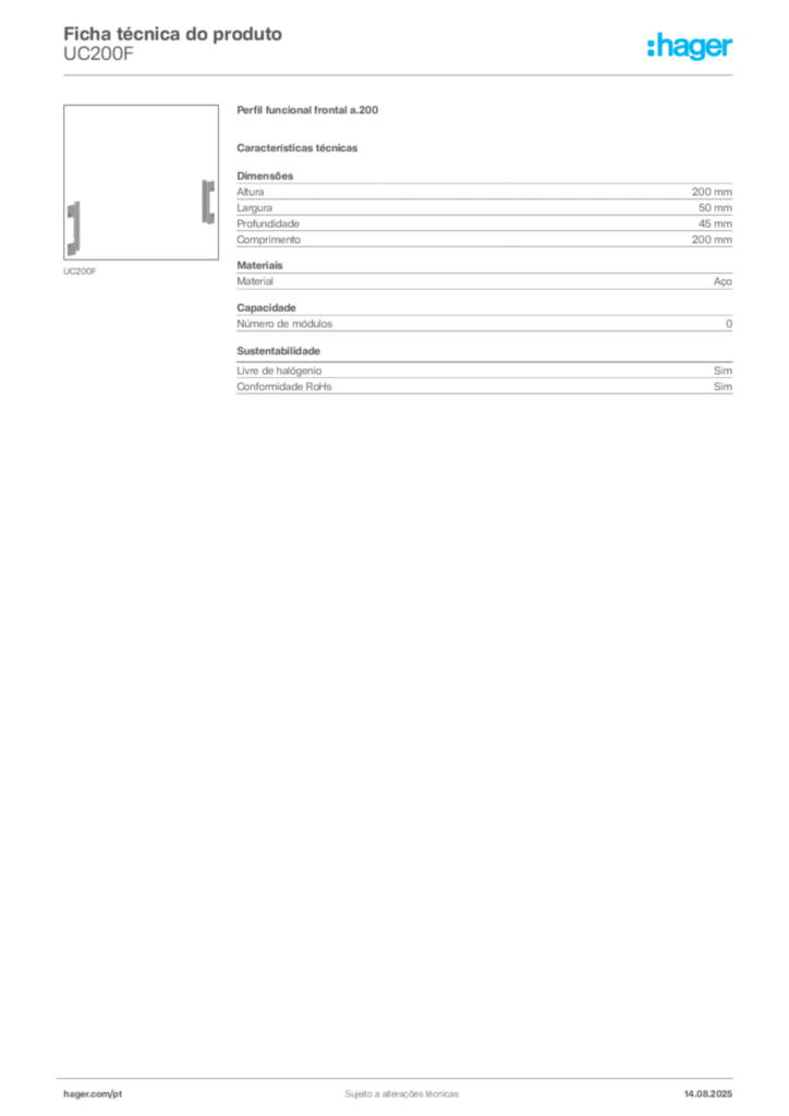 Imagem Hager Ficha técnica do produto UC200F | Hager Portugal