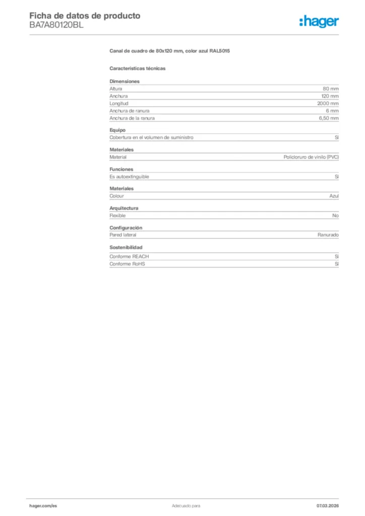 Imagen Hager Ficha de datos de producto BA7A80120BL | Hager España