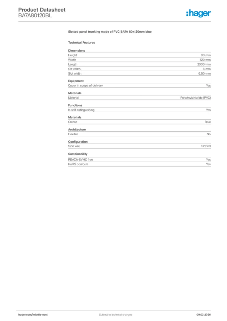 Image Hager Product data sheet BA7A80120BL  | Hager