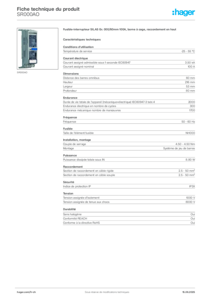 Image Hager Fiche technique du produit SR000AO | Hager Suisse