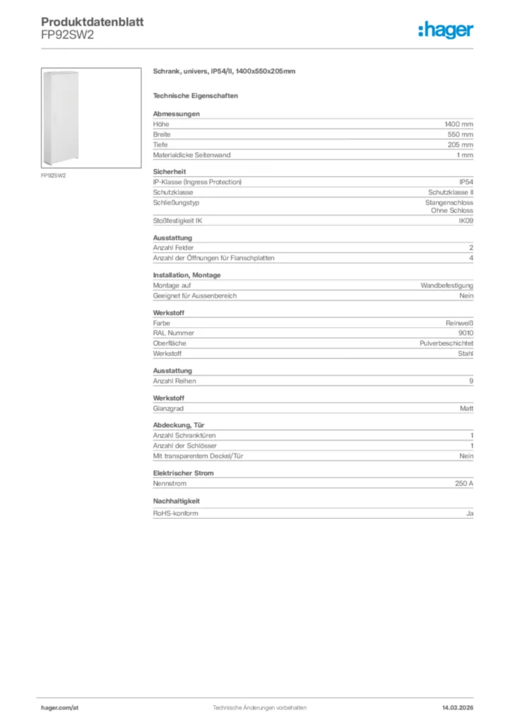 Bild Hager Produktdatenblatt FP92SW2 | Hager Deutschland