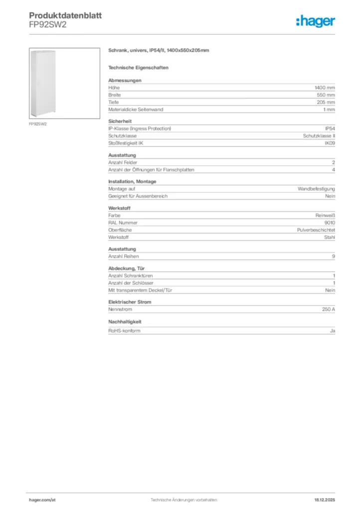 Bild Hager Produktdatenblatt FP92SW2 | Hager Deutschland