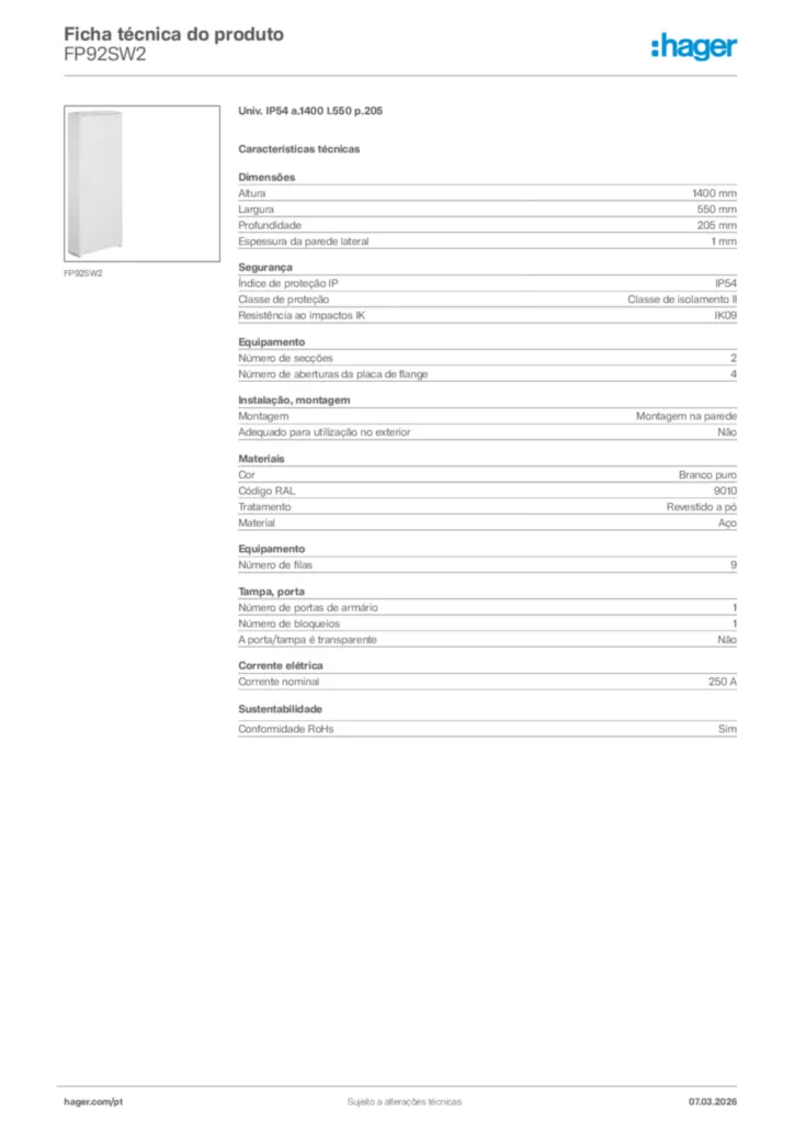 Imagem Hager Ficha técnica do produto FP92SW2 | Hager Portugal