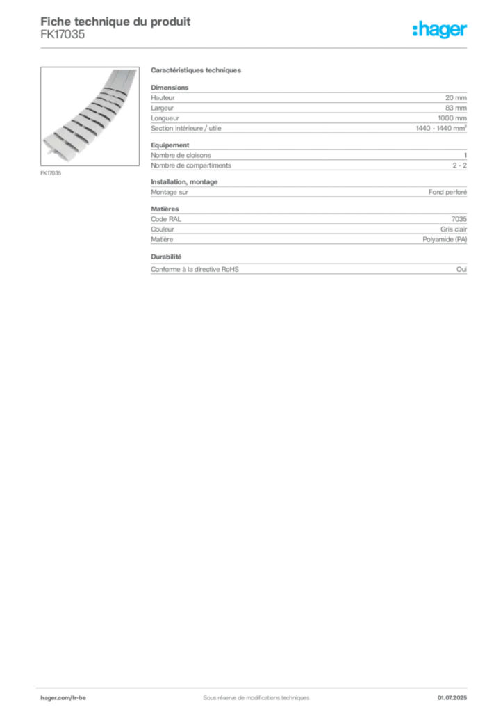Image Hager Fiche technique du produit FK17035 | Hager Belgique