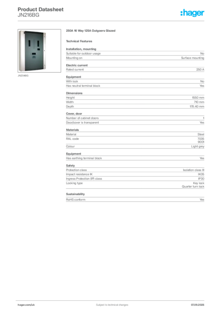 Image Hager Product data sheet JN216BG  | Hager