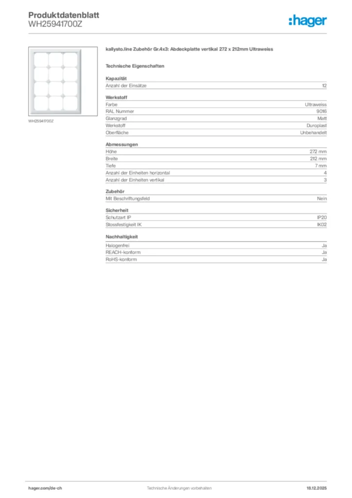 Bild Hager Produktdatenblatt WH25941700Z | Hager Schweiz