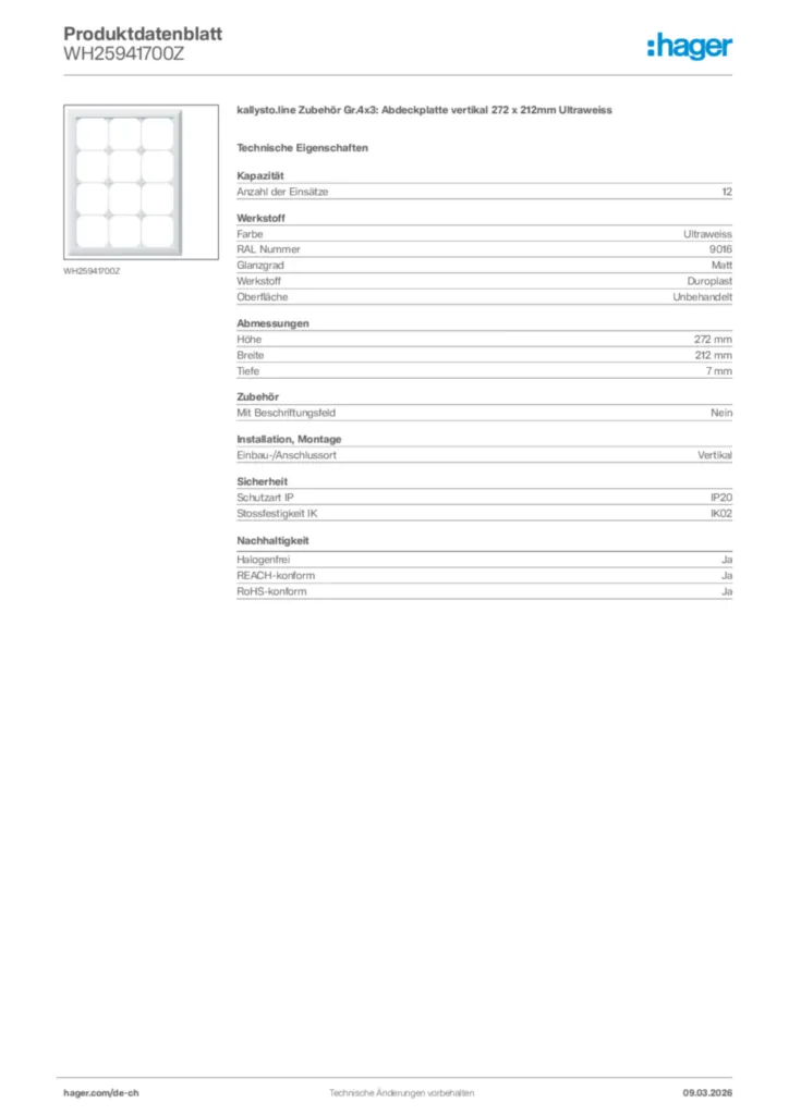 Bild Hager Produktdatenblatt WH25941700Z | Hager Schweiz