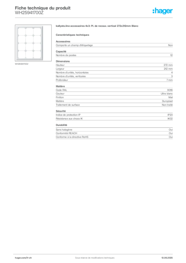 Image Hager Fiche technique du produit WH25941700Z | Hager Suisse
