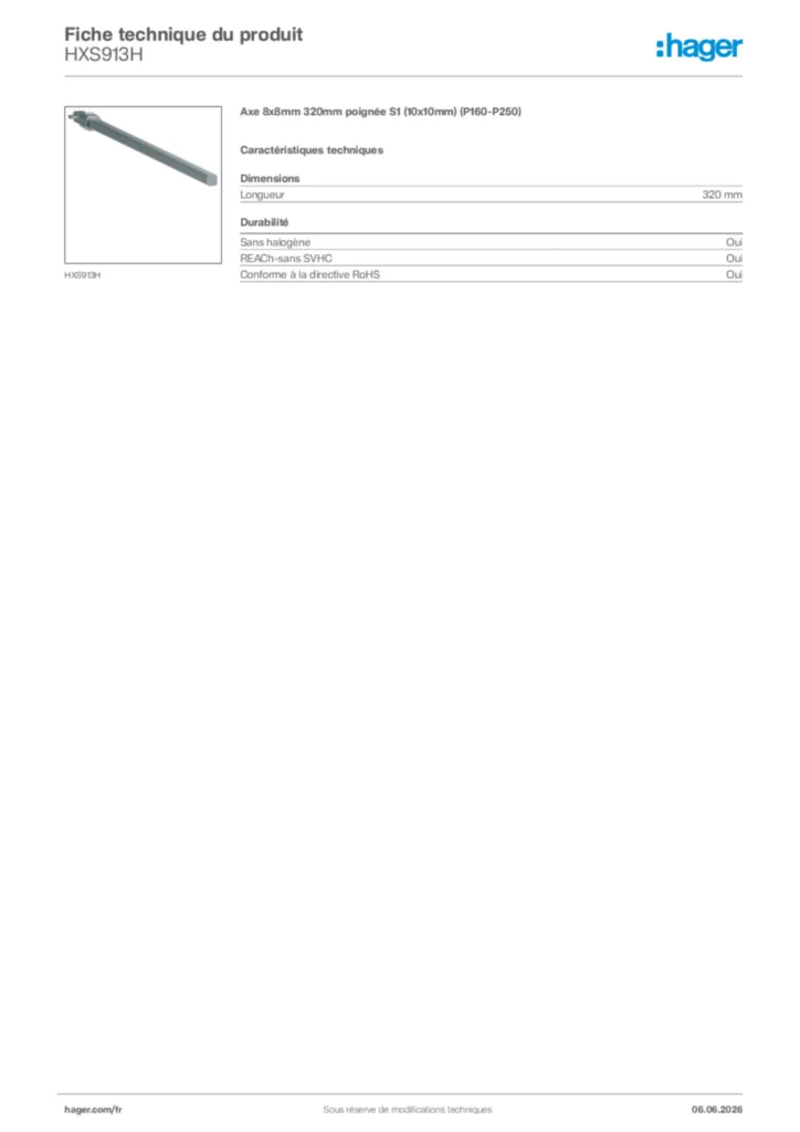Image Hager Fiche technique du produit HXS913H | Hager France