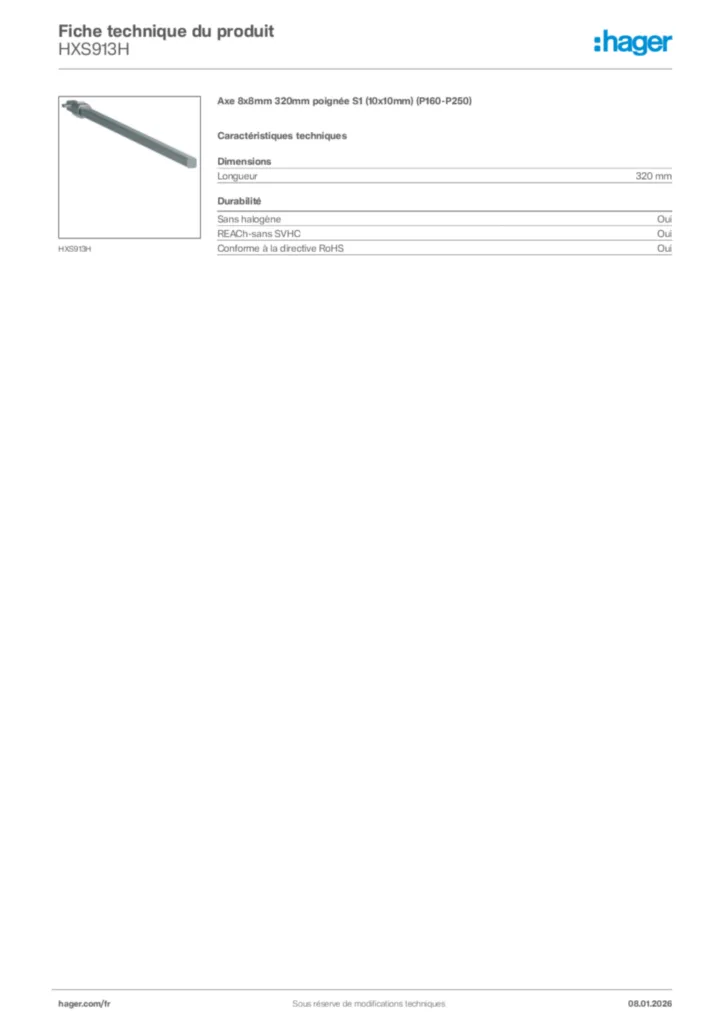 Image Hager Fiche technique du produit HXS913H | Hager France