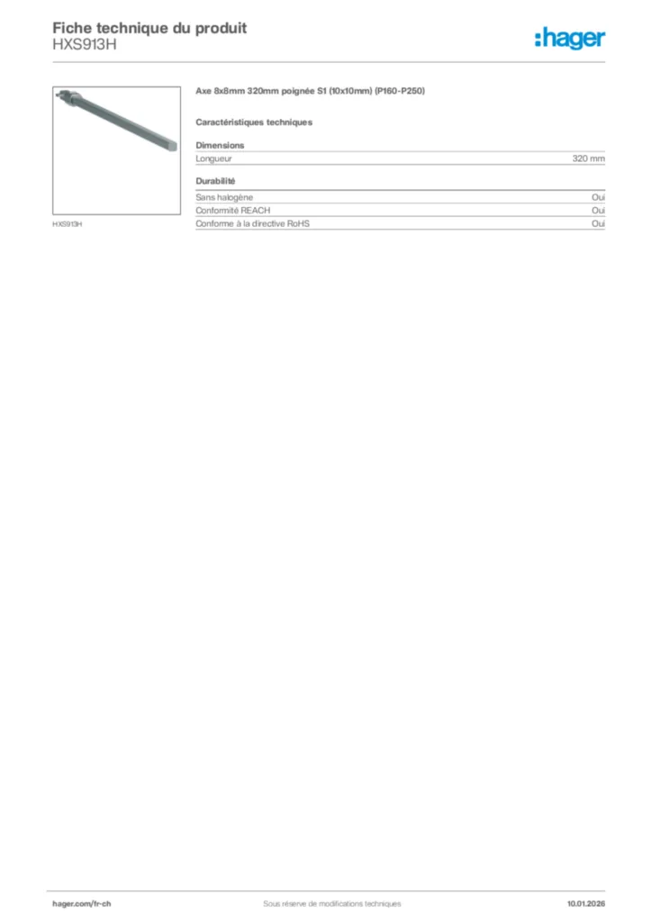 Image Hager Fiche technique du produit HXS913H | Hager Suisse