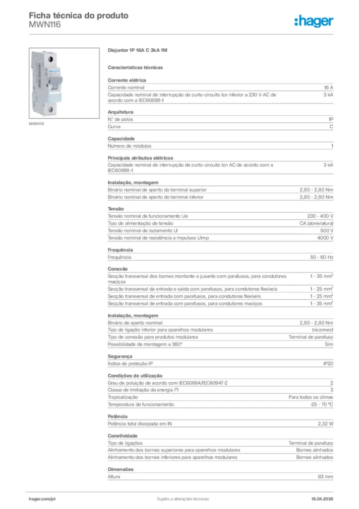 Imagem Hager Ficha técnica do produto MWN116 | Hager Portugal