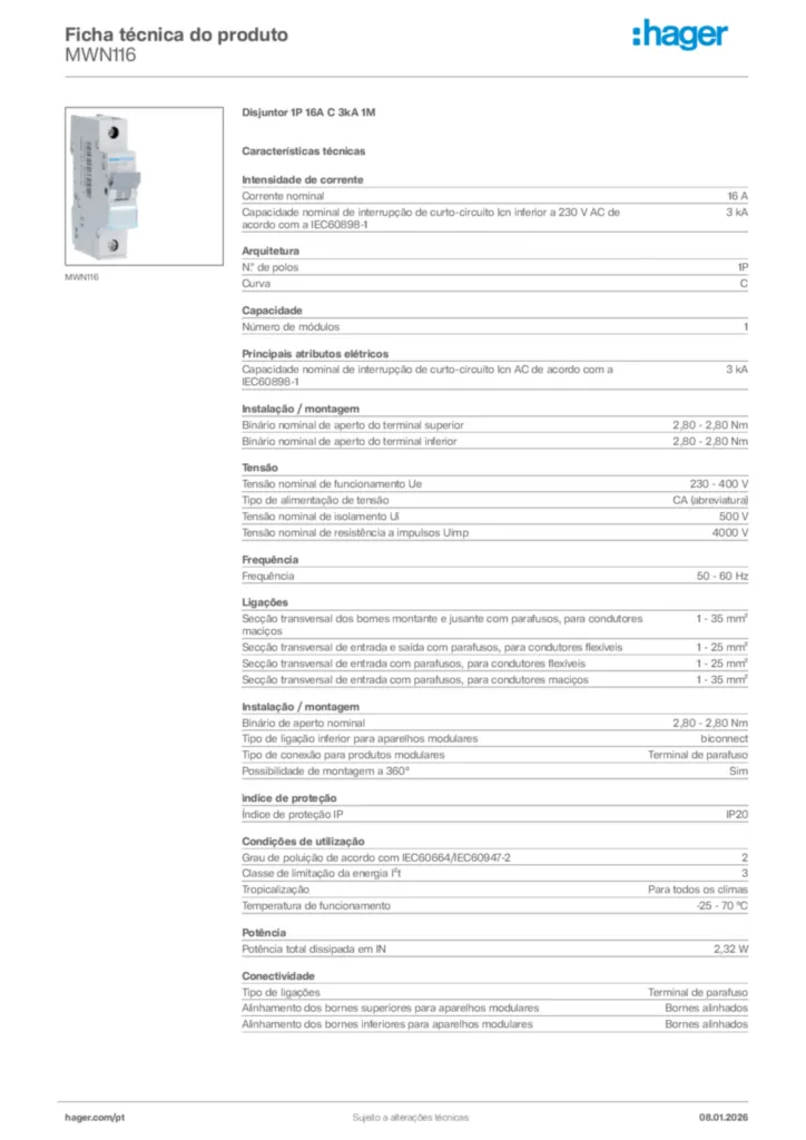Imagem Hager Ficha técnica do produto MWN116 | Hager Portugal