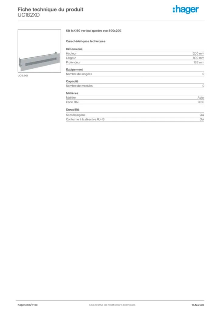 Image Hager Fiche technique du produit UC182XD | Hager Belgique