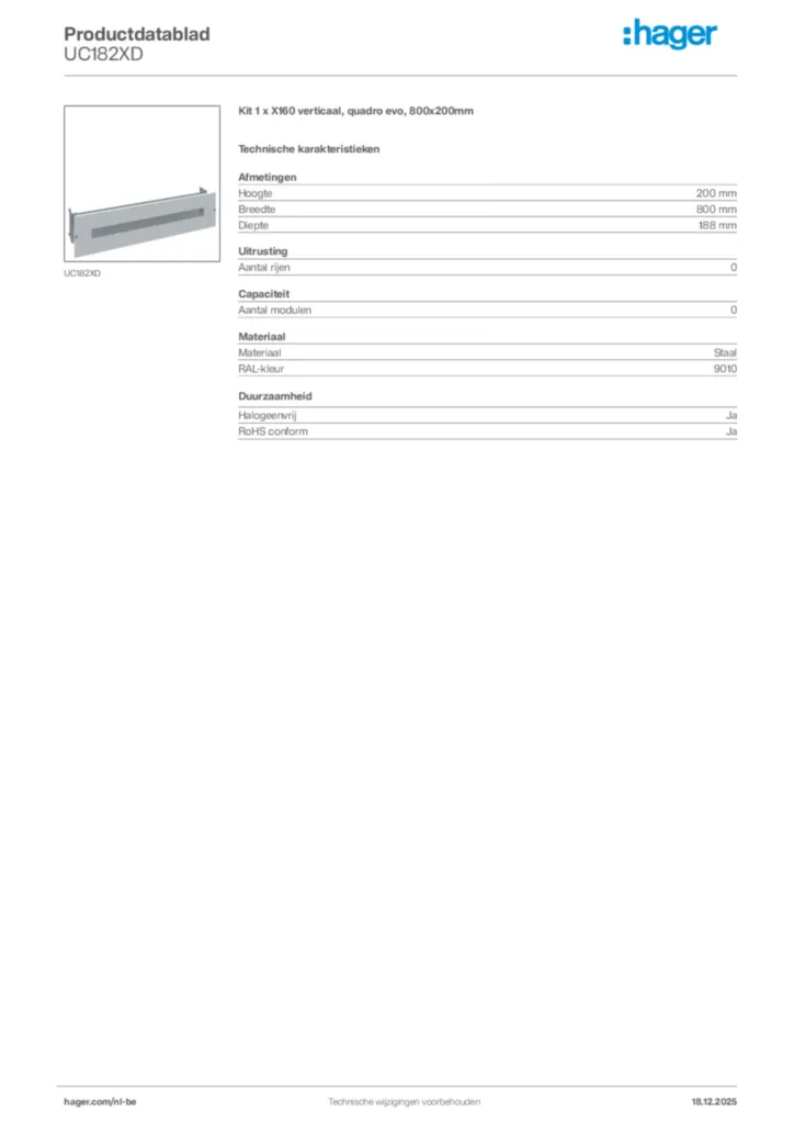Afbeelding Hager Productdatablad UC182XD | Hager Belgium