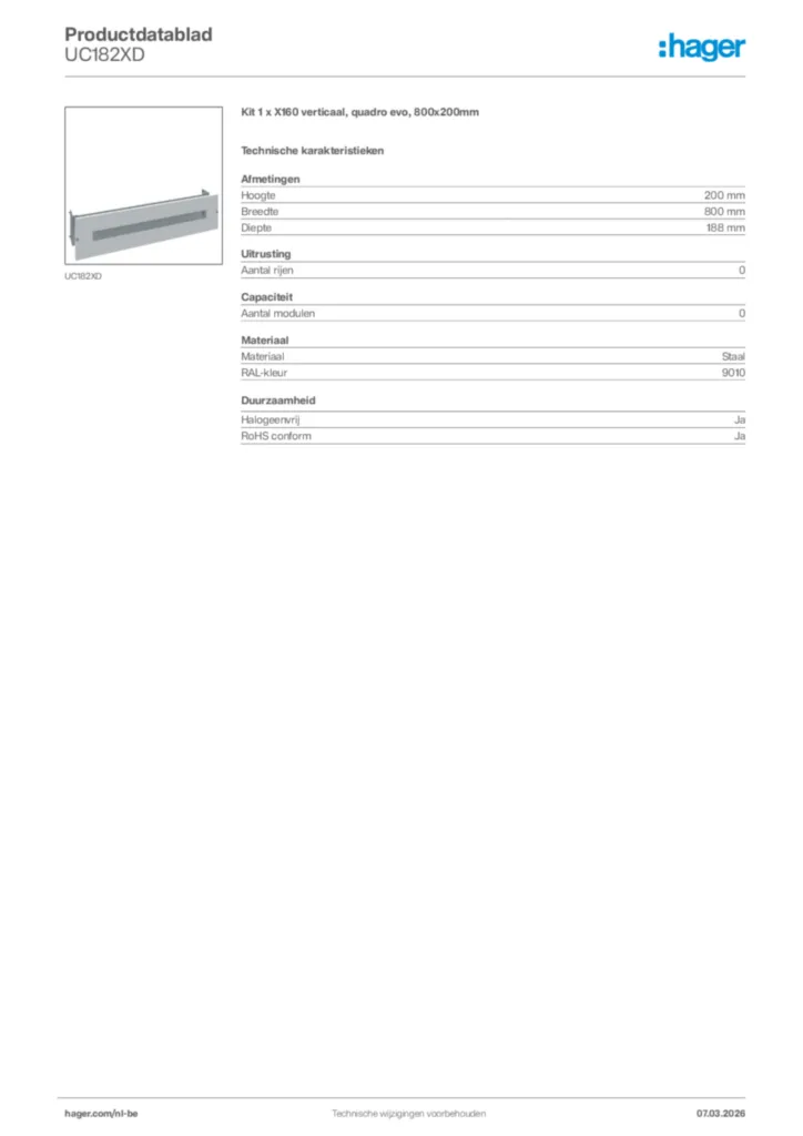 Afbeelding Hager Productdatablad UC182XD | Hager Belgium