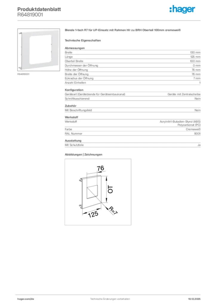 Bild Hager Produktdatenblatt R64819001 | Hager Deutschland