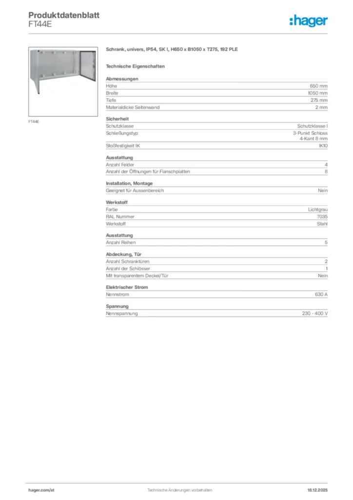 Bild Hager Produktdatenblatt FT44E | Hager Deutschland