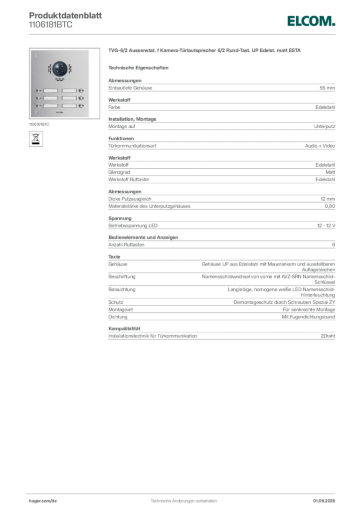 Bild Elcom Produktdatenblatt 1106181BTC | Hager Deutschland