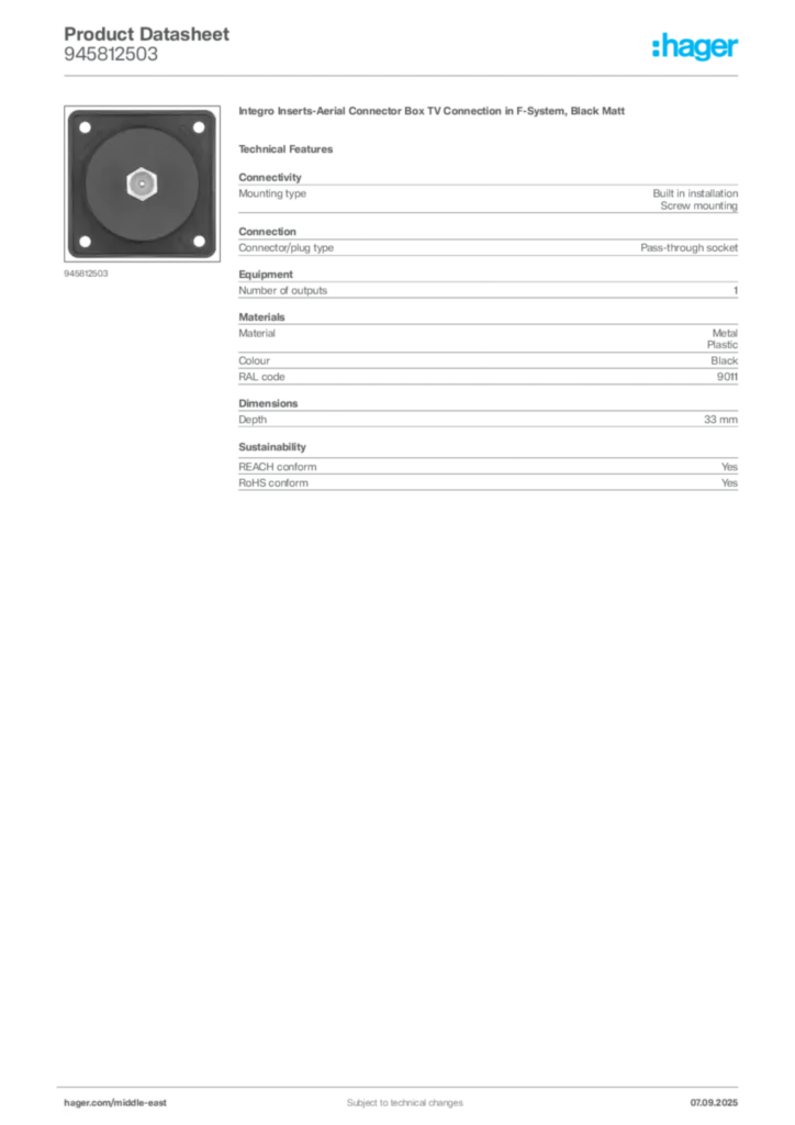 Image Hager Product data sheet 945812503  | Hager