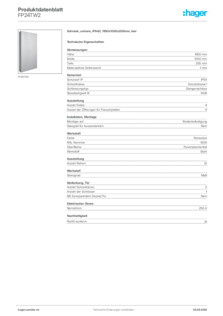 Bild Hager Produktdatenblatt FP24TW2 | Hager Schweiz