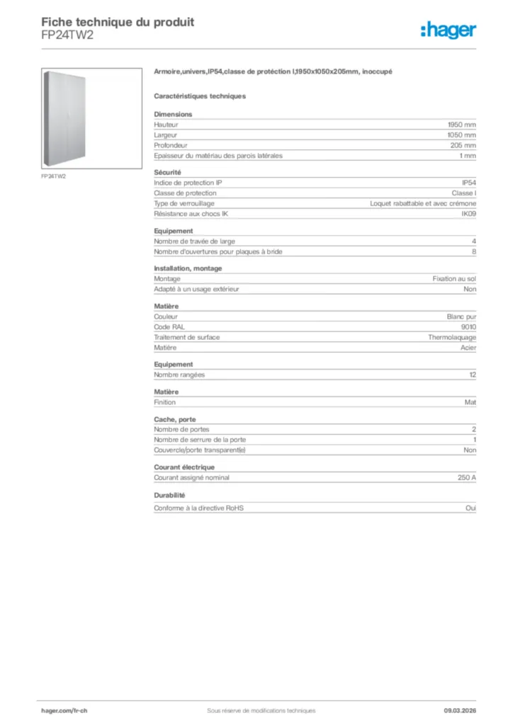 Image Hager Fiche technique du produit FP24TW2 | Hager Suisse