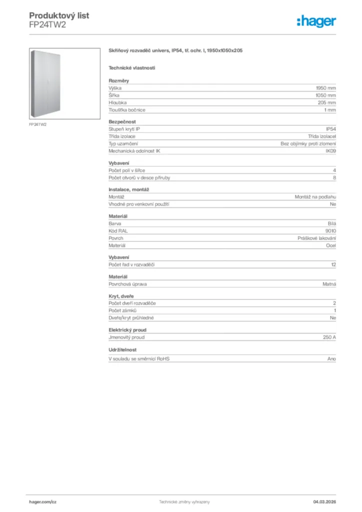 Obrázek Hager Product data sheet FP24TW2 | Hager