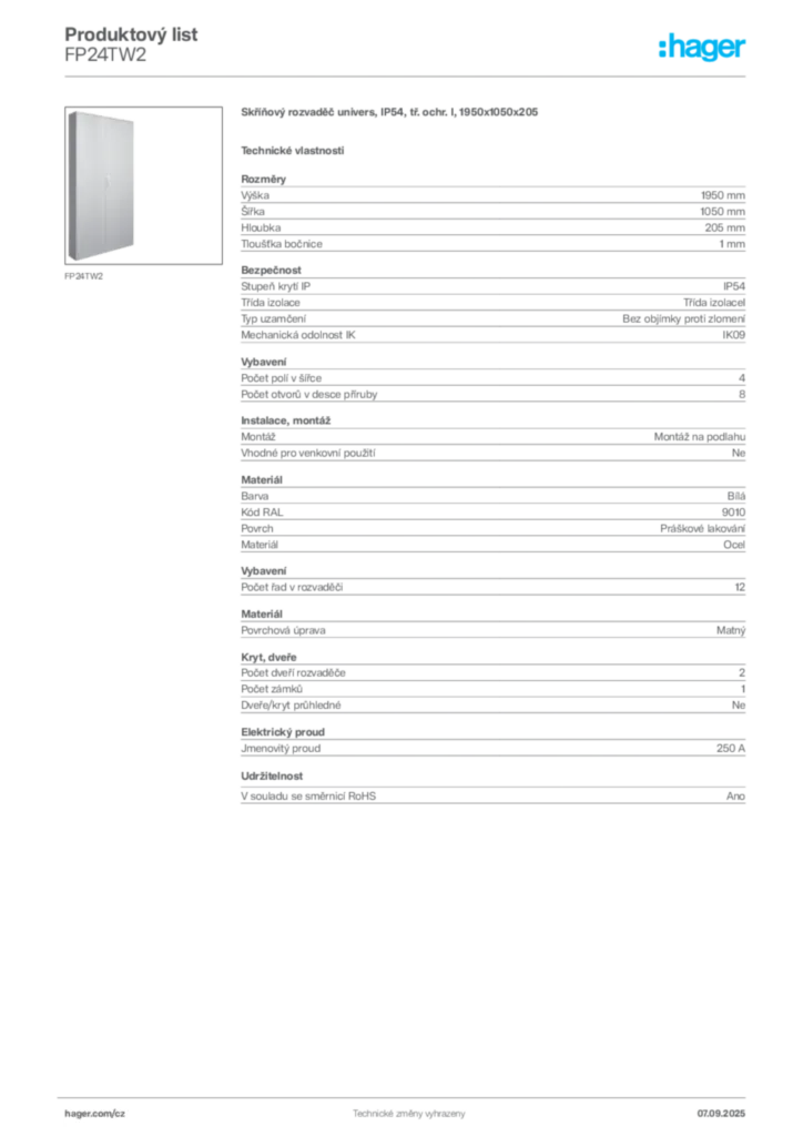 Obrázek Hager Produktový list FP24TW2 | Hager