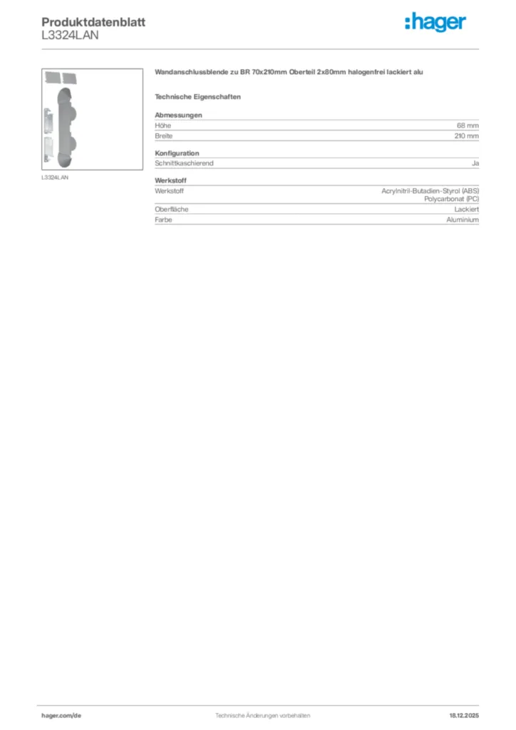 Bild Hager Produktdatenblatt L3324LAN | Hager Deutschland